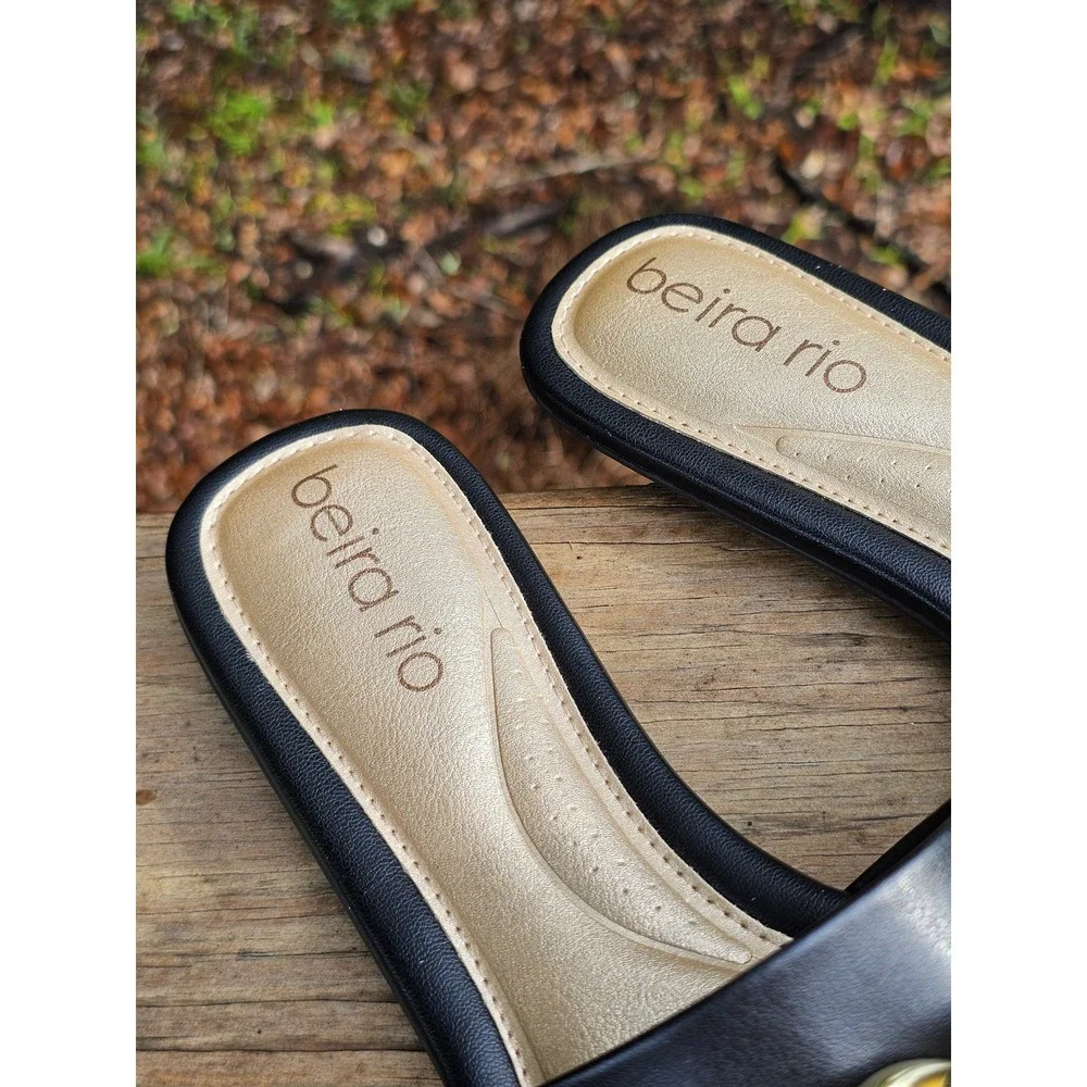 Beira Rio Womens Black Gold Chain Slide Flat Slip On Sandals Size 10 Brazil